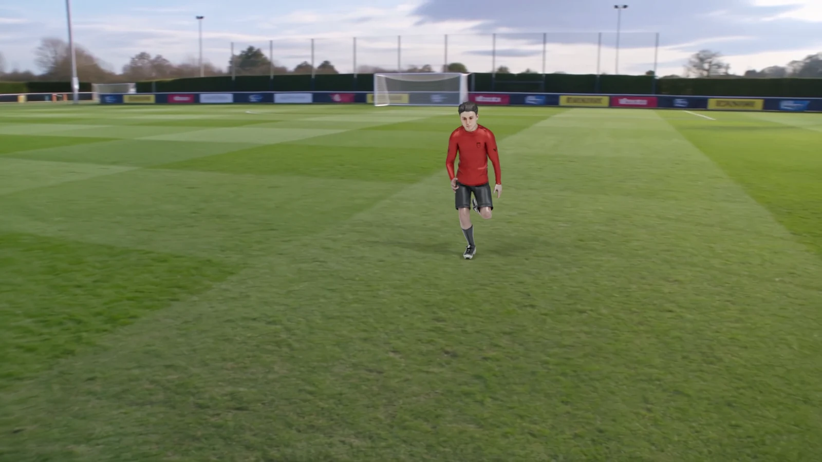 First-person mixed-reality concept: a physical ball ahead in open midfield, a right shoulder scan, and one separately rendered virtual football presser approaching from behind.